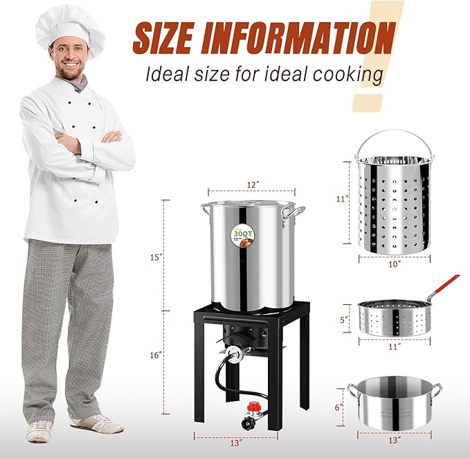 Stainless Steel Turkey Fryer Kit, 30QT Deep Pot & 10QT Fish Fryer, Waterproof Cover & 12-inch Skimmer, 55,000 BTUS Propane Burner Stove, Outdoor Deep Fryer, Crawfish Boiler with Basket