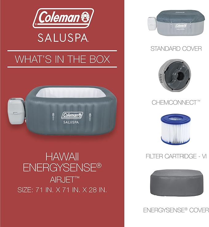 Coleman Hawaii AirJet Large Square 4 to 6 Person Inflatable Hot Tub Portable Outdoor Spa with 140 AirJets and EnergySense Cover, Grey