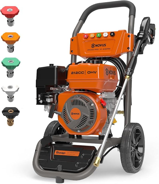 NOVUS Gas Pressure Washer 3400 PSI, 2.6 GPM Power Washer with 30FT Extra-Long Hose, 5 Nozzles, Onboard Soap Tank, 212CC Engine, Spray Gun and Wand, for Vehicles Driveways Patios Fences Furniture