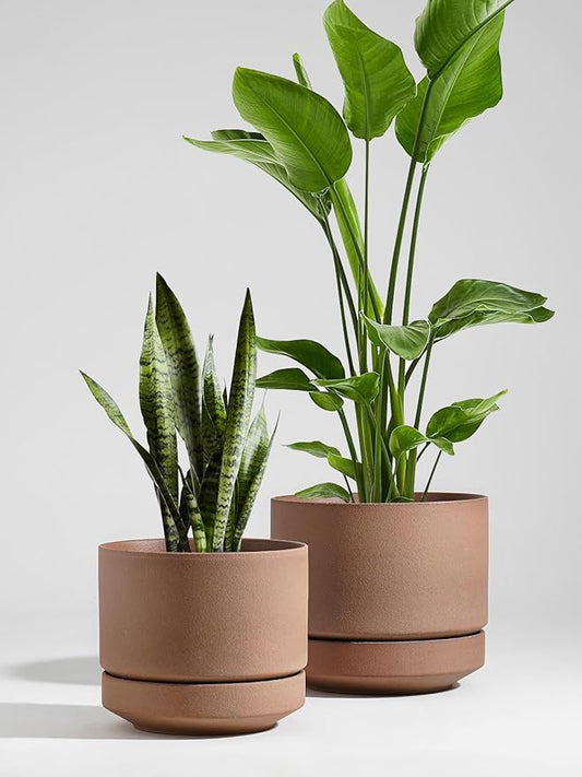 LE TAUCI Large 14 Inch Plant Pot with Saucer | Ceramic Outdoor & Indoor Big Planter Pot | Drainage Hole, Mesh Pad & Plug | Unglazed Porous | Modern Minimalist for Home and Patio – Terracotta Color