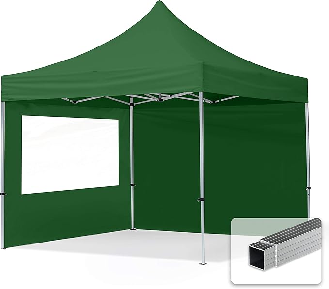 TOOLPORT 10x10 ft PES 700 Pop up Canopy Tent Economy Aluminium 1.3 in., incl. 2 Sidewalls with Panorama Windows, Dark Green
