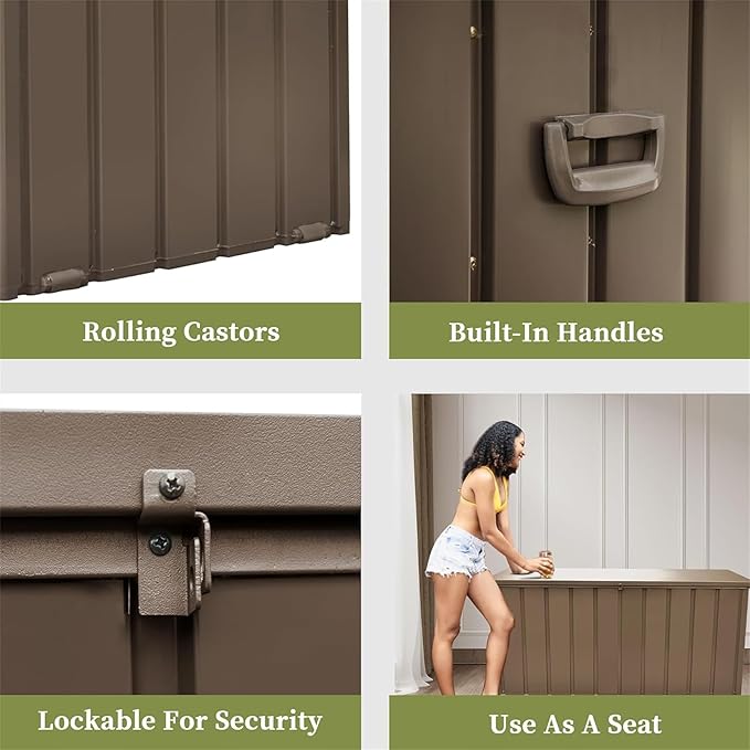CHUNLY Metal Deck Box, 200 Gallon Outdoor Waterproof Storage Box w/Lockable Lids, Outside Bench w/Mobility Rollers, Patio Storage Bin for Furniture Cushions, Pool Supplies & Garden Tools (Dark Brown)