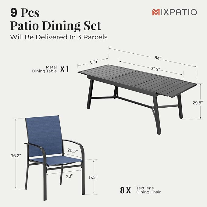 9 Pieces Patio Table and Chairs Set, Patio Dining Set for 8, 8 Blue Textilene Chairs and 1 Expandable Patio Dining Table with Umbrella Hole, for Deck Backyard Lawn Poolside