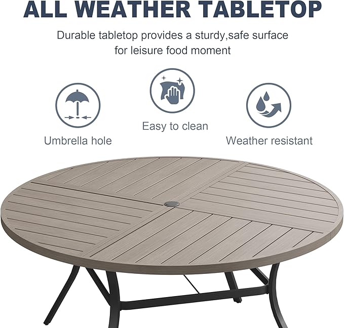 VICLLAX Round Patio Dining Table, 6 Person Metal Outdoor Dining Table with Umbrella Hole and Storage Shelf for Garden Lawn Deck, 50" Grey