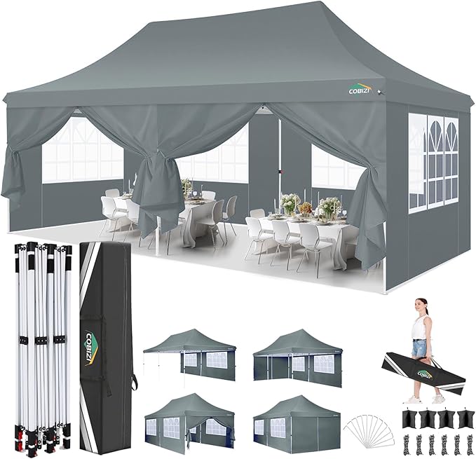 COBIZI 10x20 Pop Up Canopy with 6 Sidewalls, Conical Party Tent 10x20 with 3 Adjustable Height Waterproof, UV-Resistant with Carry Bag, Sandbag, Stake, Ropes for Parties, Commercial (Frame Upgraded)