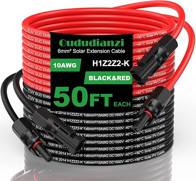 Oududianzi Solar Extension Cable 50Ft, Solar Wire 10AWG, 10 Gauge Tinned Copper PV Wire, Solar Panel Wires and Connectors for Home Roofs RV Boat Camping Solar Panels