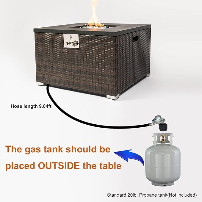 32'' Outdoor Low Profile Fire Table, 50,000 BTU Fire Table with Brown Wicker, Painted Steel Tabletop, Mix Color Glass Rocks, Including Lid and Cover, Fits 20lb Tank Outside, Square