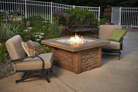 Outdoor GreatRoom Co Propane Fire Pit Table - Sierra Gas Fire Pits for Outside Patio - 43 Inch Square Concrete Firepit Fire Table with Matching Tabletop Cover, Rustic Faux Stone Base, 55,000 BTU