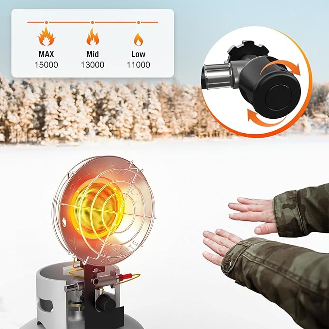 Outdoor Propane Heater, 15,000 BTU Portable Heater with 3 Heating Modes, Camping with Shut-off Valve and Tip-over Switch, 30° Rotating Single Tank Top for Garage, Patio