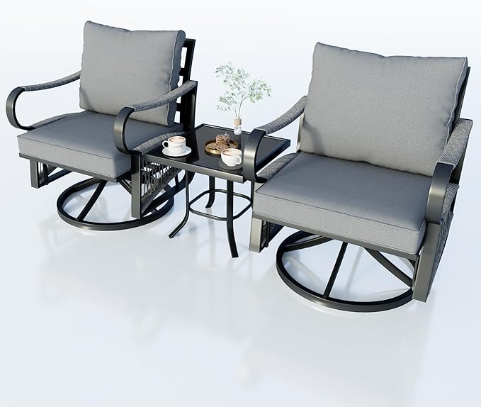 3 Pieces Outdoor Rocking Chairs, 360° Swivel Glider Patio Bistro Sets with Waterproof Cushion Cover, Conversation Furniture Set with Side Table for Porch Balcony Backyard, Gray