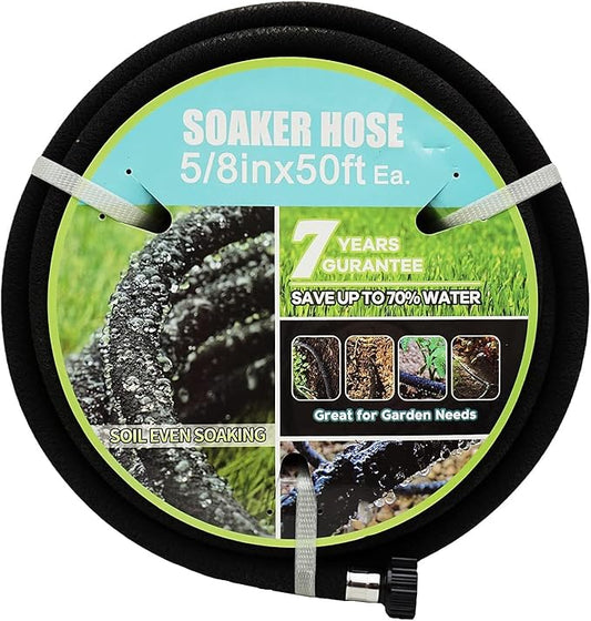 Soaker Hose with Connector 5/8in Diameter 25FT 50FT Black Garden Water Hose Flower Bed and Lawn Lightweight Hose (50FT)