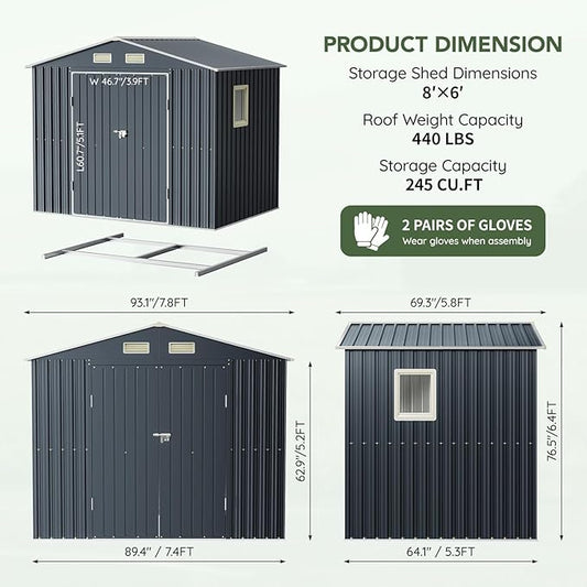 Breezz 6x4FT Metal Storage Shed with Floor Frame & Lockable Doors, Outdoor Steel Garden Shed with Clear Window, Weatherproof Tool Storage for Patio, Yard, and Backyard, Nightblue