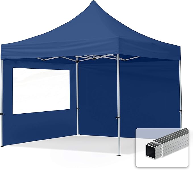 TOOLPORT 10x10 ft PES 700 Pop up Canopy Tent Economy Aluminium 1.3 in., incl. 2 Sidewalls with Panorama Windows, Dark Blue