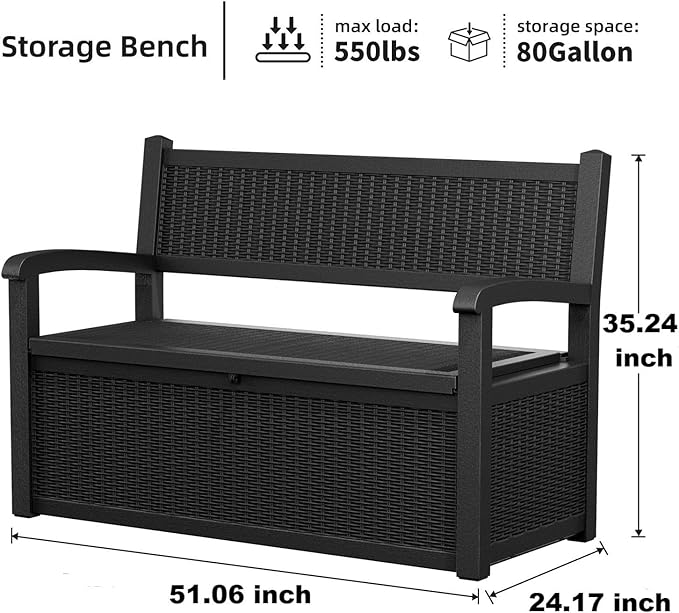 EasyUp 80 Gallon Outdoor Storage Bench, Waterproof and Lockable Deck Box Outdoor Storage Furniture for Patio,Garden,and Porch – Perfect for Storing Garden Tools and Cushions(Black)
