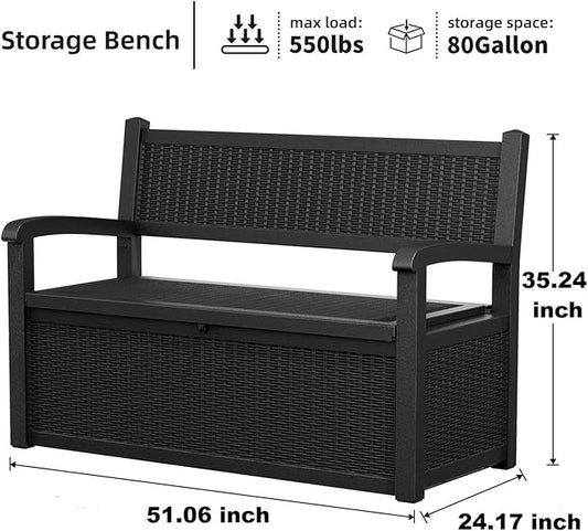 EasyUp 80 Gallon Outdoor Storage Bench, Waterproof and Lockable Deck Box Outdoor Storage Furniture for Patio,Garden,and Porch – Perfect for Storing Garden Tools and Cushions(Black)