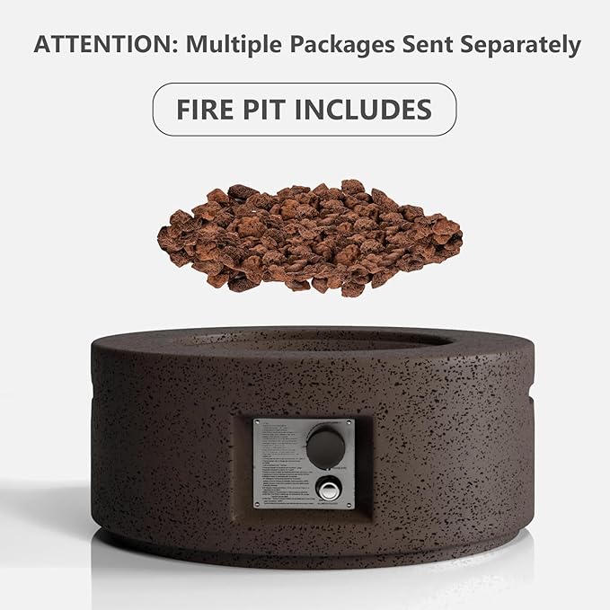 SUNBURY Outdoor Fire Pit, 28 inches Round Propane Gas Patio Fire Table 40,000 BTU Concrete Travertine Design, Circular Base Small Firepit with Lava Rocks, Waterproof Cover (Dark Brown)