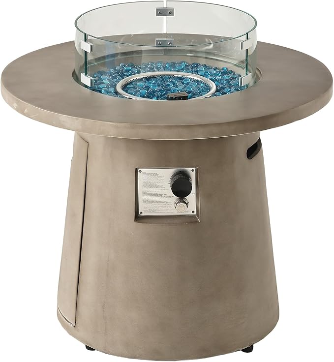 HOMPUS Outdoor Propane Fire Pit, 31-inch Round Gray Propane Fire Pit with 10 lbs Aqua Blue Fire Glass, 40000 BTU Gas Smokeless Fire Pit Table, Patio Concrete Firepit with Rain Cover
