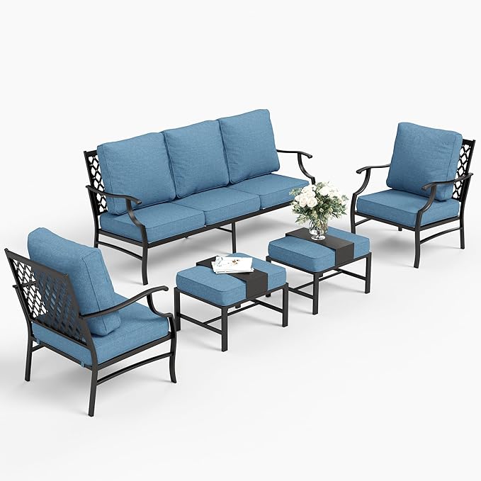 5 Piece Metal Outdoor Patio Furniture Set, Patio Conversation Sets 1 3-seater Sofa, 2 Fixed Chair, 2 Ottomans with 5.75" Thick Cushion, Black All-weather Frame Backyard Furniture, Navy