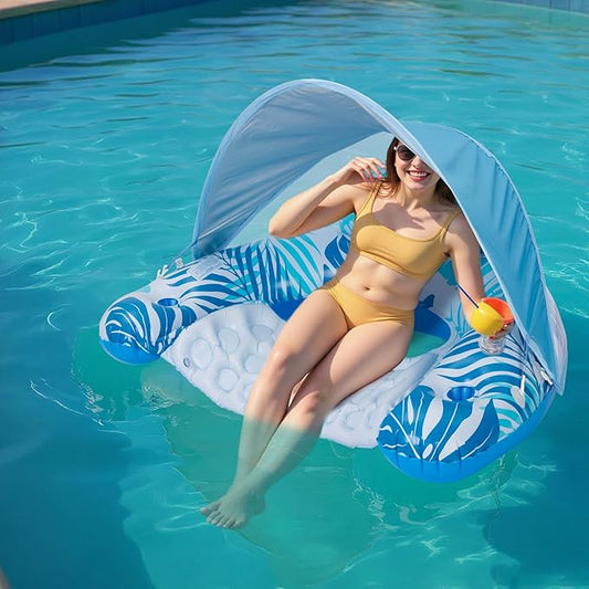 Pool Float for Adults with Canopy, XL Inflatable Chair Lounge Floaties with Adjustable Sun Shade Cover, Drink Holder, Ergonomic Headrest