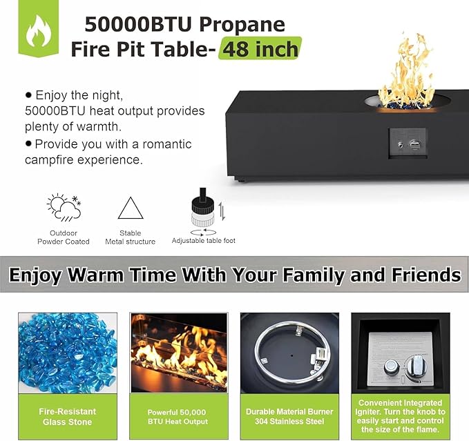 48 inch Propane Fire Pit Table, 2 in 1 Rectangular Outdoor Fire Pit with 20lb Tank Table, Outside Patio Deck and Garden, LED Gas Fire Pit Table with Lid and Stone, 50,000 BTU Adjustable Flame, Black