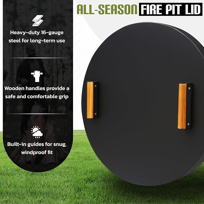FEBTECH - Smokeless Fire Pit Accessories Combo – 23" Carbon Steel Base, 27.5" Lid with 2 Wooden Handles – Durable Smokeless Firepit Accessories for Camping, Patio, Backyard