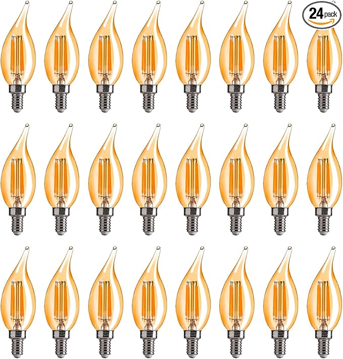 FLSNT CA11 E12 LED Chandelier Light Bulbs 40W Equivalent, 330 LM,Dimmable LED Candelabra Bulbs, 2200K Warm White, 330LM, Amber Glass, 24 Pack UL,CA65 Listed.