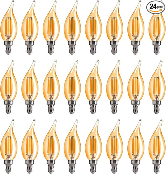 FLSNT CA11 E12 LED Chandelier Light Bulbs 40W Equivalent, 330 LM,Dimmable LED Candelabra Bulbs, 2200K Warm White, 330LM, Amber Glass, 24 Pack UL,CA65 Listed.