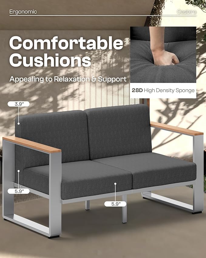 Patio Furniture Set, 5 Piece Aluminum Outdoor Furniture Set with Coffee Table, Wide Seat and Thick Cushions, Modern Outdoor Patio Conversation Sets for Deck, Porch (Teak-Charcoal)