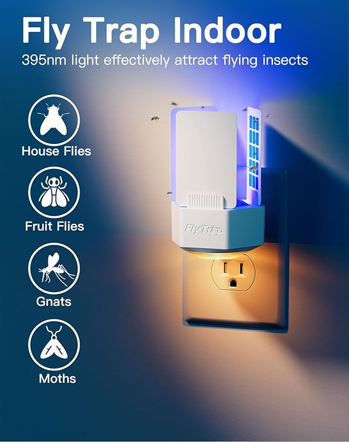 Plug-in Fly Trap Indoor with Three-Sided Glue Board, 2 in 1 Gnat Traps for House Indoor with UV & Night Light, Flying Insect Trap for House & Fruit Flies (1 Device + 6 Glue Boards) (White)