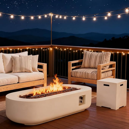 ECOTOUGE 2-Piece Gas Fire Pit, 56''Outdoor Propane Fire Pit Table Set w/Tank Cover, Auto-Ignition Steel Fire Table, 50,000 BTU Oval Concrete Fire Pit w/Weather-Resistant Pit Cover, Lava Rocks, White