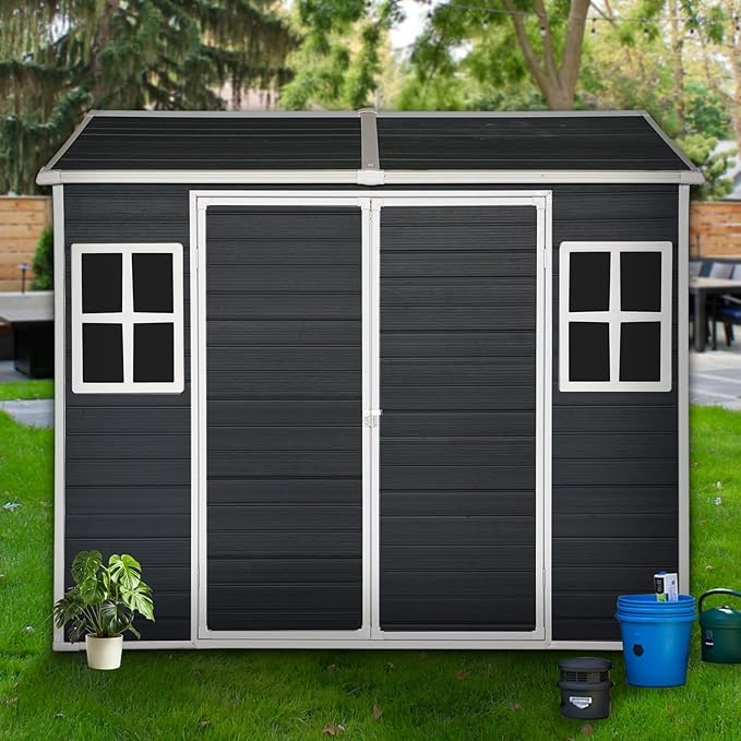 8x4 FT Outdoor Storage Shed,Waterproof Resin Garden Shed with Windows, Lockable Doors, and Sloped Roof,Tool Storage for Patio, Backyard, Lawn, Black