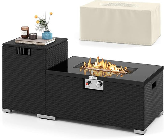 Tangkula 2 Piece Propane Fire Pit Table Set with Tank Cover, Outdoor Rattan Gas Firepit with Lid, Tempered Glass Tabletop, Protective Cover, 40,000 BTU Rectangle Fire Table Set for Outside (Black)
