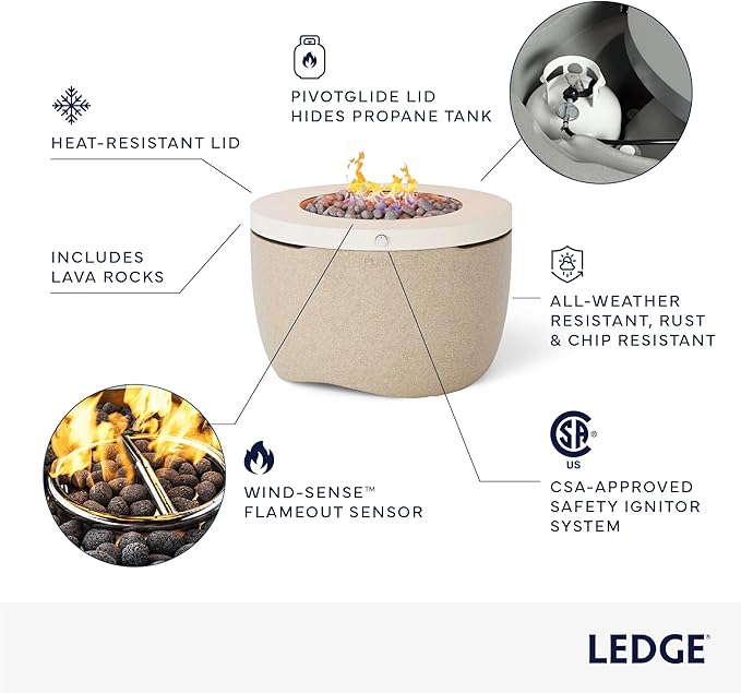 Ledge Lounger Halo Firepit - Smokeless Outdoor Fire Pit Table - 70,000 BTUs Propane Connector and Lava Rocks Included - All Season Heavy Duty (Sunset)