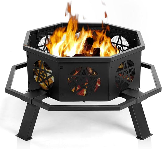 35 Inch Outdoor Fire Pit, Heavy Duty Wood Burning Firepits for Outside, Octagonal Metal Bonfire Fire Pits with Fire Poker for Camping, Backyard, Patio, Garden, Beach, Poolside, Picnic