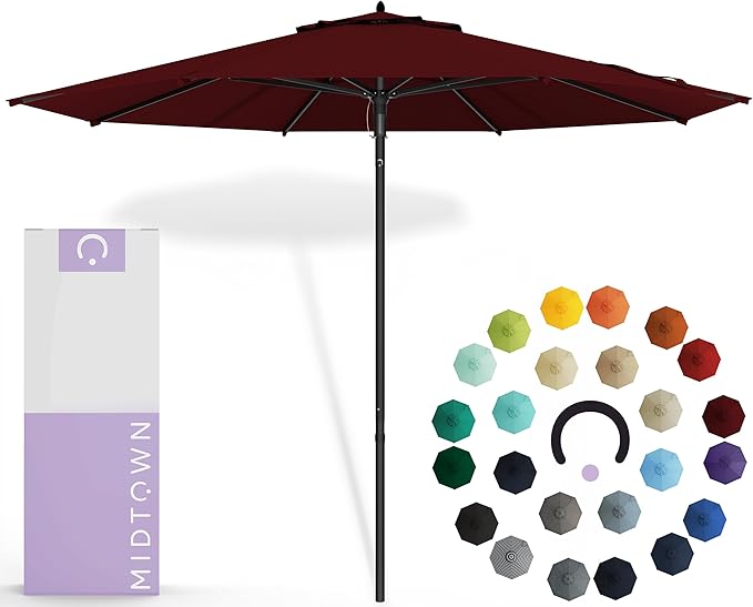 Midtown Umbrellas Push Pop Sunbrella Umbrella 10 Feet Large Outdoor Umbrella With Burgundy Fabric - Deck Patio Umbrella, Backyard Umbrella, Garden Umbrella & Pool Umbrella - Black Pole