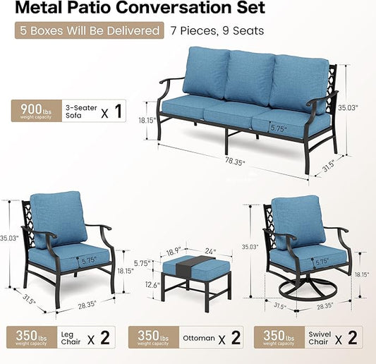 6 Piece Metal Outdoor Patio Furniture Set, Patio Conversation Sets 1 3-Seater Sofa, 2 Swivel Chair, 2 Leg Chair with 5.75" Thick Cushion and Coffee Table, Backyard Furniture Set, Navy