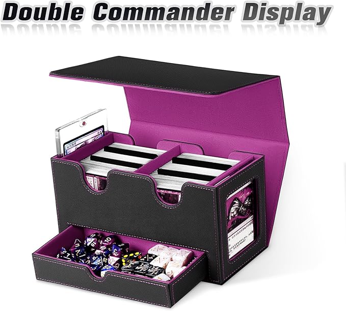 MTG Deck Box with 2 Commander Display,Commder Deck Box Fits 310+ Cards，with Dice Tray,Leather Magnetic,Fits for TCG CCG Magic Cards (Black Purple)