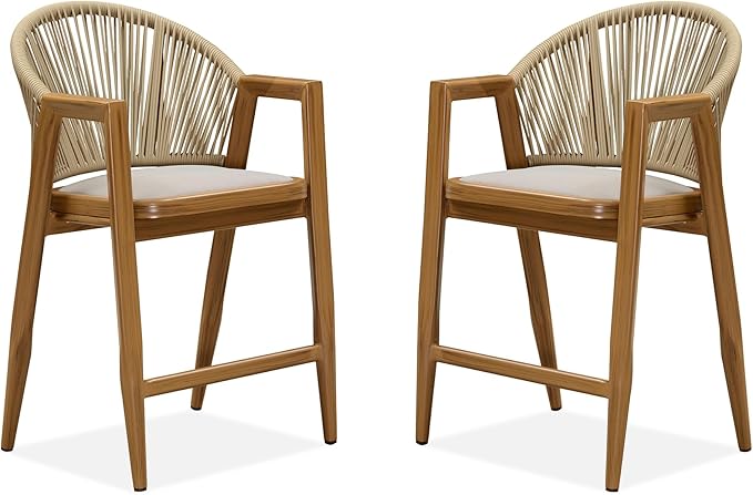 PURPLE LEAF Outdoor Counter Height Bar Stools Set of 2 Wicker Rattan Counter Stools Bar Chairs Barstool for Patio Kitchen Island Lawn Teak