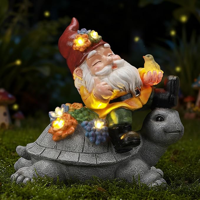 Ayadon Solar Gnome Statue Outdoor Decor, Gnome on Turtle Figurines with LED Light for for Fairy Garden Yard Balcony Lawn Christmas Housewarming Whimsical Gifts for Women Mom Grandma