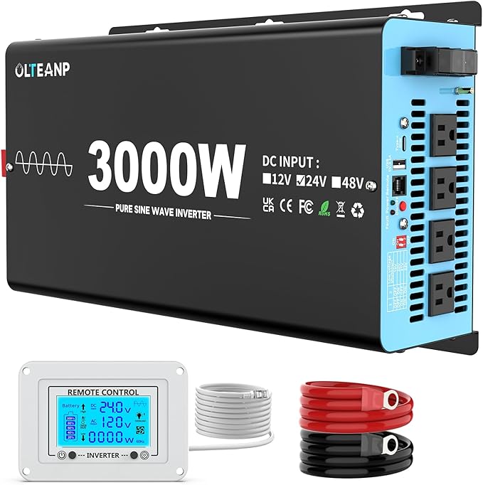 New Upgraded 24V 3000 Watts Pure Sine Wave Inverter, 24V DC to 110V/120V AC Power Inverter with 4 AC Outlets, USB Port, Type-C Port for Truck, Vehicle, Power Outage, Remote Control with LCD Screen
