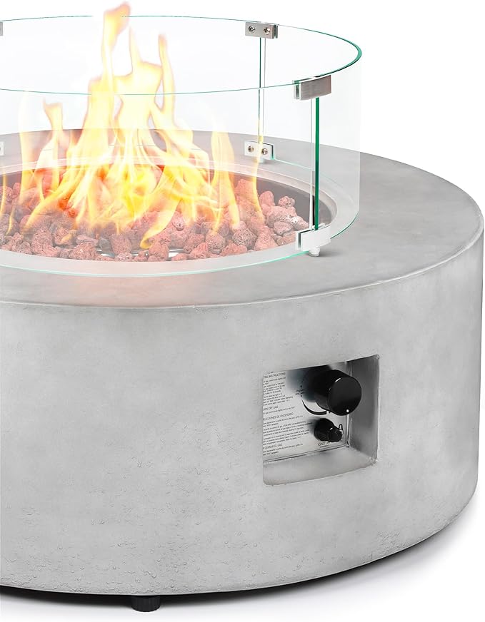 36 Inch Round Fire Pit Table,Propane Fire Pit Table Outdoor 50,000 BTU w Glass Wind Guard Gas Concrete Fire Pit,CSA Certification w Lid,Lava Rocks, Rain Cover for Backyard & Deck