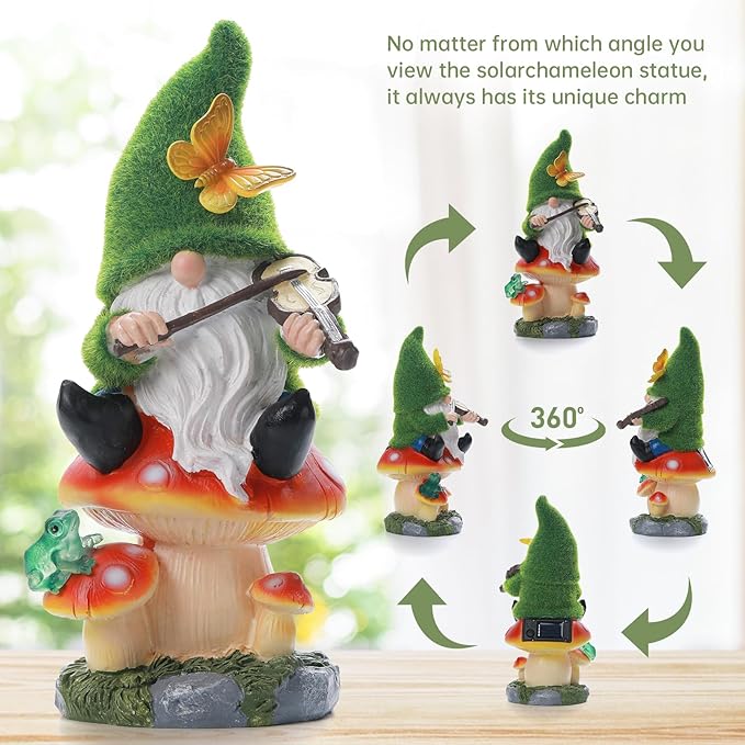 Ayadon Solar Gnome on Mushroom Stool Statue Decor, Gnome Figurines with Ambiance LED Light for Garden Decorations for Patio Lawn Balcony Fairy Gardens, Housewarming Gifts for Women Mom Grandma