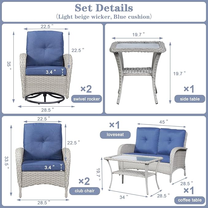 Belord Patio Conversation Sets Wicker Furniture, 7 PCS Outdoor Swivel Rocker Furniture Set for Patio Deck Poolside, 2 Swivel Rockers 2 Club Chairs 2 Rattan Tables 1 Loveseat Included, Blue Cushion