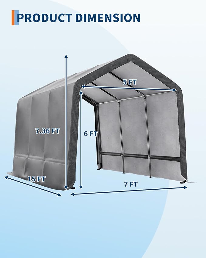 7X15 FT Heavy-Duty Portable Outdoor Storage Shed with Roll-Up Zipper Door & Vent, 240g Waterproof Carport Storage Shelter, UV-Resistant Canopy for Motorcycle, Firewood, Tools -Gray ﻿