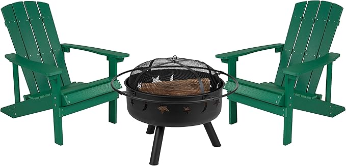EMMA + OLIVER Campfire Set - Two Green Poly Resin Adirondack Chairs - 29" Star and Moon Fire Pit with Mesh Cover - Weather Resistant - Wood Burning Fire Pit