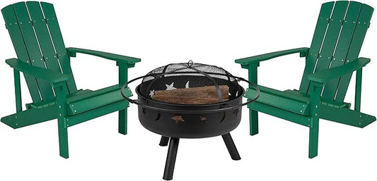 EMMA + OLIVER Campfire Set - Two Green Poly Resin Adirondack Chairs - 29" Star and Moon Fire Pit with Mesh Cover - Weather Resistant - Wood Burning Fire Pit