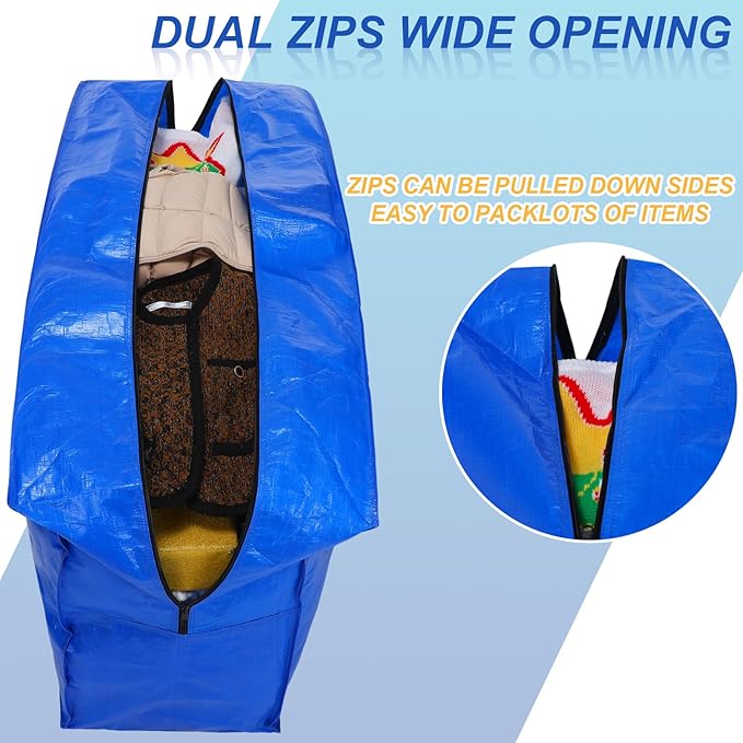 Windyun 4 Pack 98 Gallon Extra Large Storage Bags XXL Moving Bags with Zipper Handles Heavy Duty Jumbo Big Tote Box for Christmas Tree Storage 4, 5, 7.5, 9, 10, 12 ft Skeleton College Dorm(Blue)