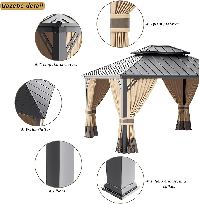 12’x14’ Hardtop Gazebo Outdoor Aluminum Frame Permanent Gazebo Galvanized Steel Double Roof Pergola with Nettings and Curtains for Patio, Lawns,Backyard,Deck(Brown)