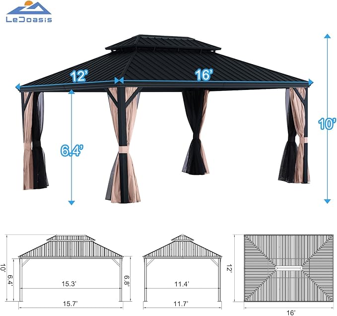 LeDoasis Blazar 12' X 16' Hardtop Gazebo with Nettings and Curtains, Outdoor Gazebo for Patio Lawn and Garden, Vertical Stripes Galvanized Steel Double Roof Canopy