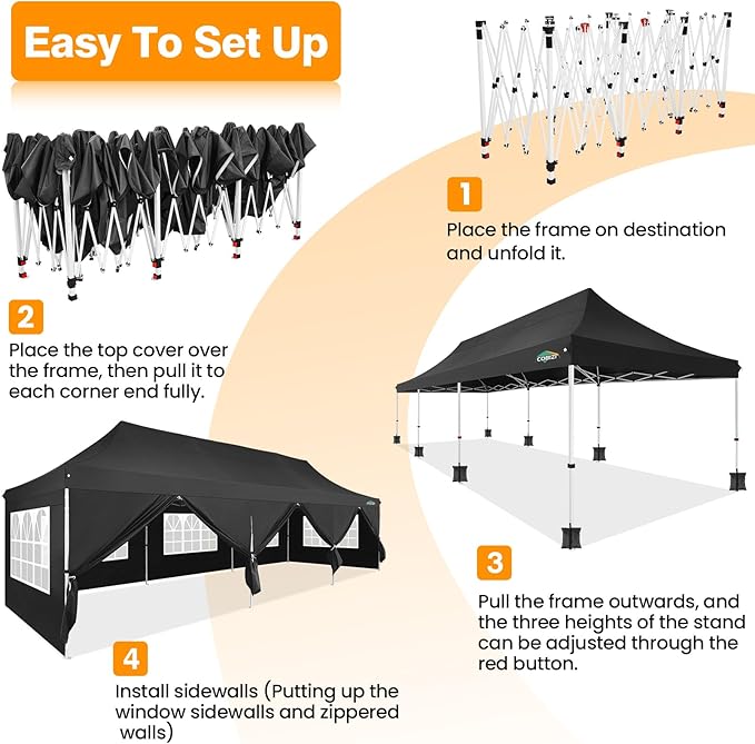 COBIZI 10x30 Pop up Canopy with 8 Removable Sidewalls, Outdoor Canopy Waterproof Commercial Tents for Parties Wedding, with Upgrade Raised Top Cover and Roller Bag, with 4 Sandbags(Black)